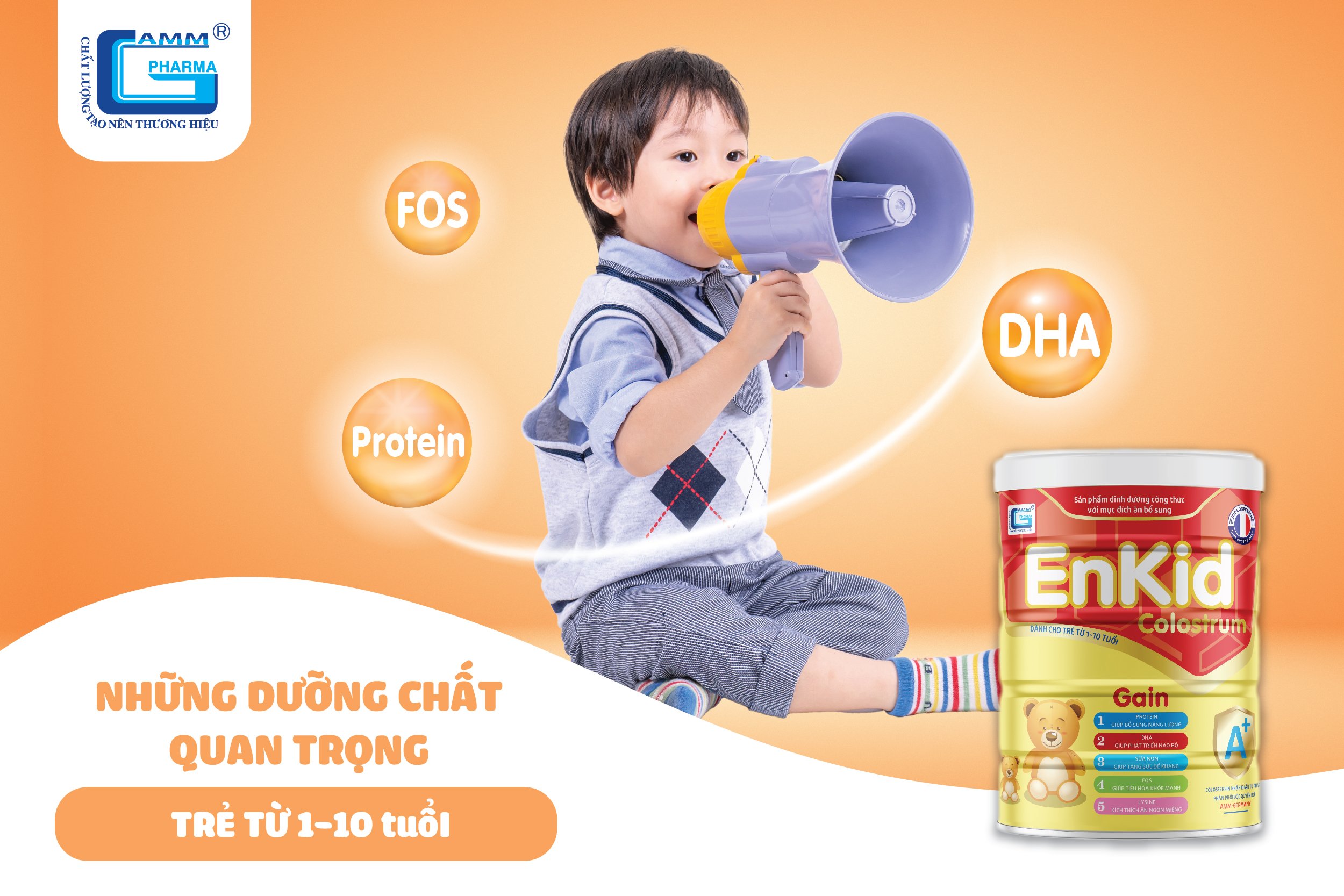 Sữa Enkid Colostrum Gain chứa DHA, FOS cho trẻ từ 1-10 tuổi.