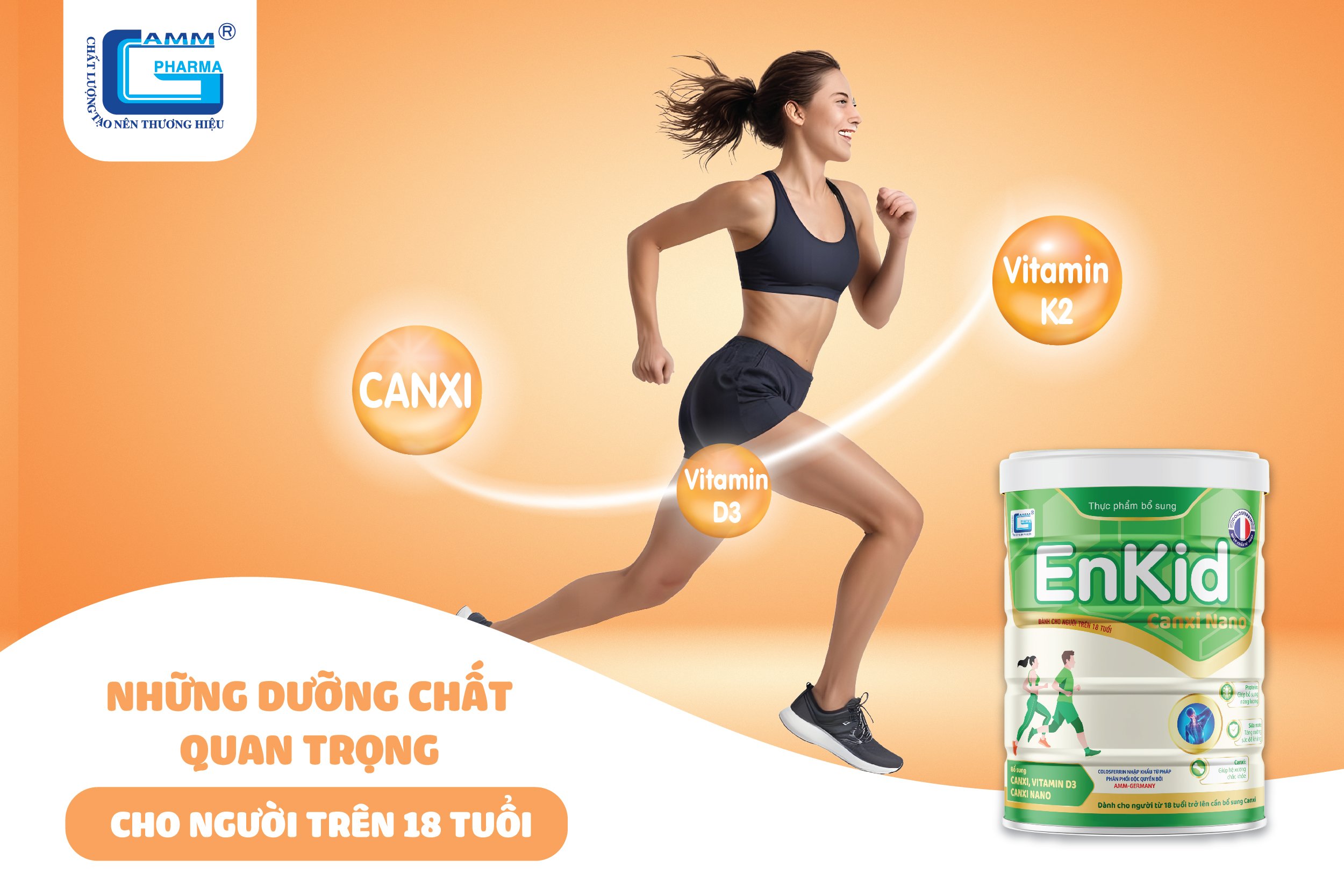 Sữa Enkid Canxi Nano Mk7 chứa Canxi, Vitamin K2, Vitamin D3 cho người trên 18 tuổi.